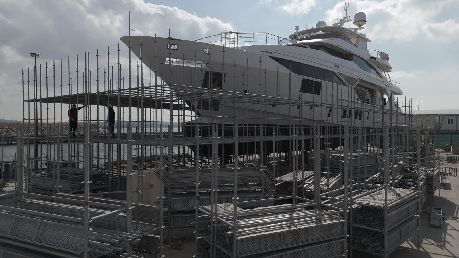 A 48 metre motor yacht ashore for her winter yard period