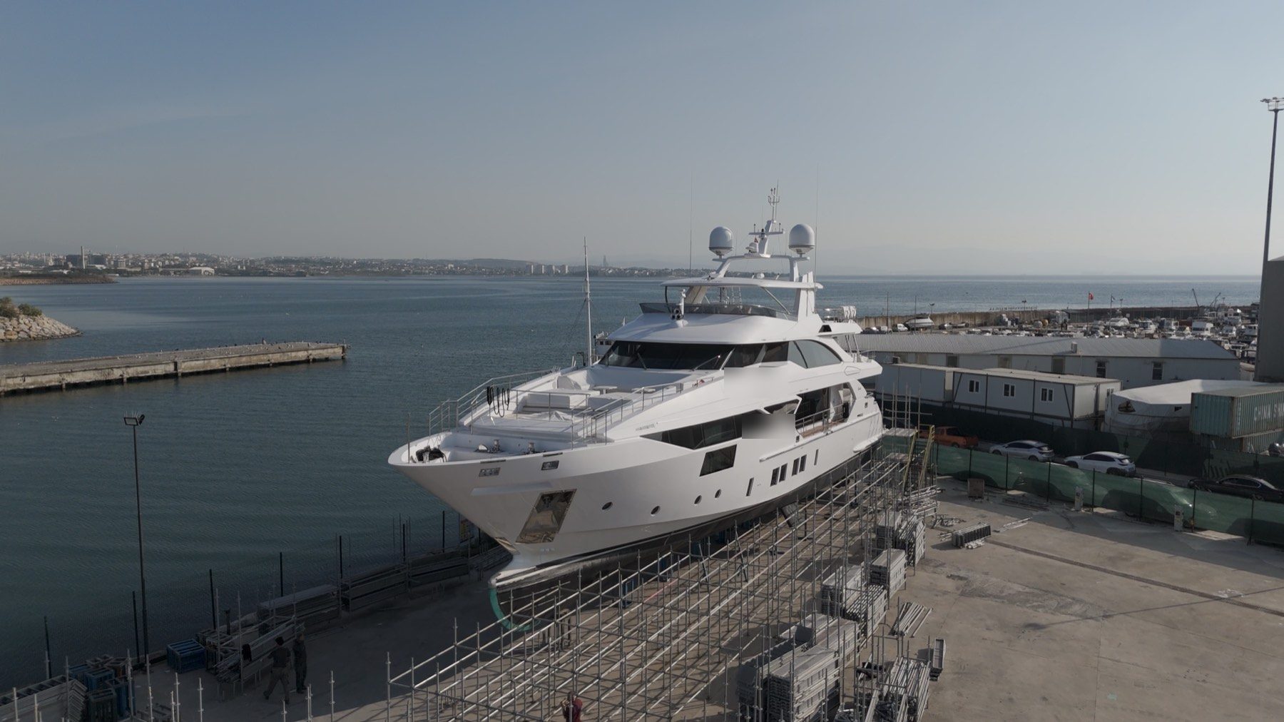 48 m motor yacht leaving the yard basin