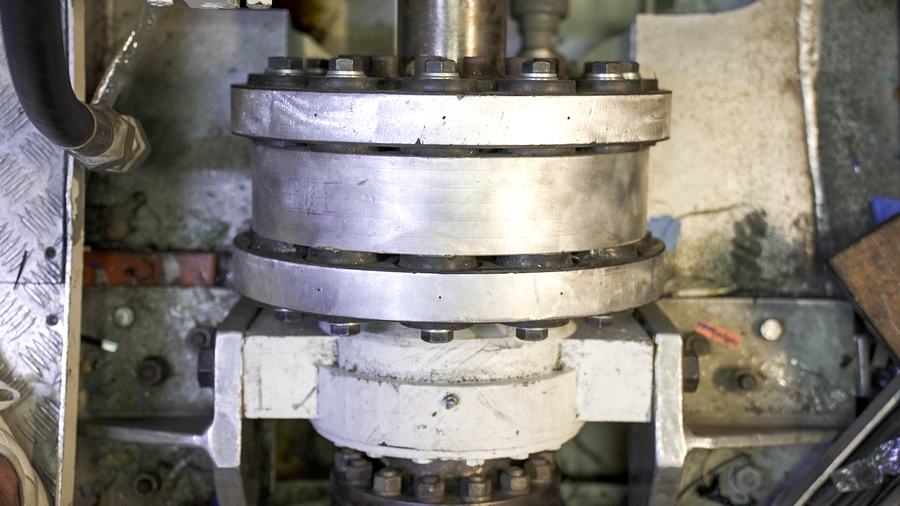 Close view of marine machinery opened for inspection