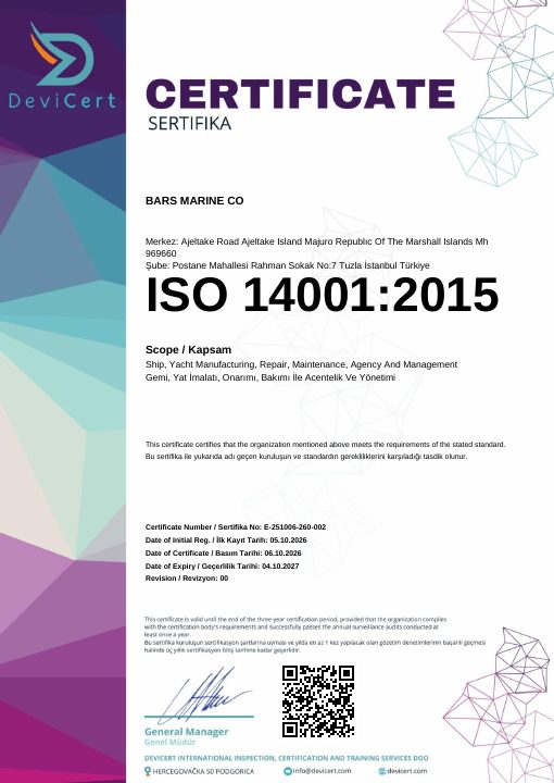 ISO 14001 certificate issued to Bars Marine Co by DeviCert