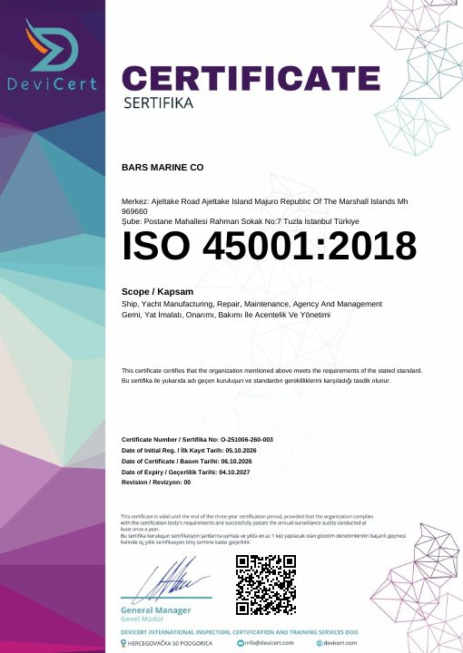 ISO 45001 certificate issued to Bars Marine Co by DeviCert