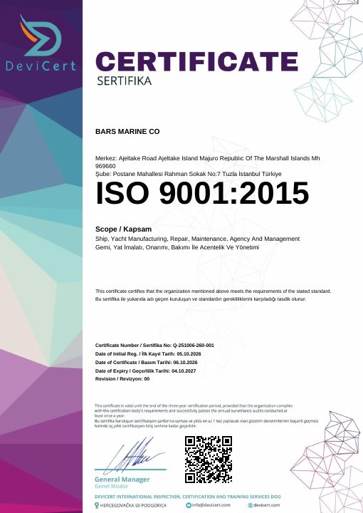 ISO 9001 certificate issued to Bars Marine Co by DeviCert