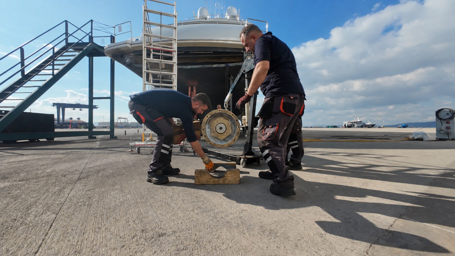 Yard team handling a mechanical component beside a motor yacht in Tuzla