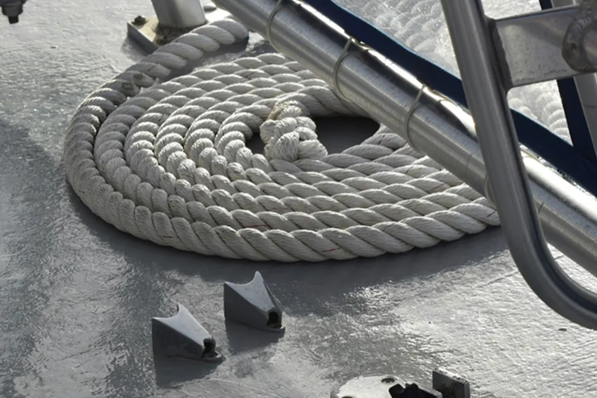 Coiled mooring line and deck fittings beside a stainless steel railing