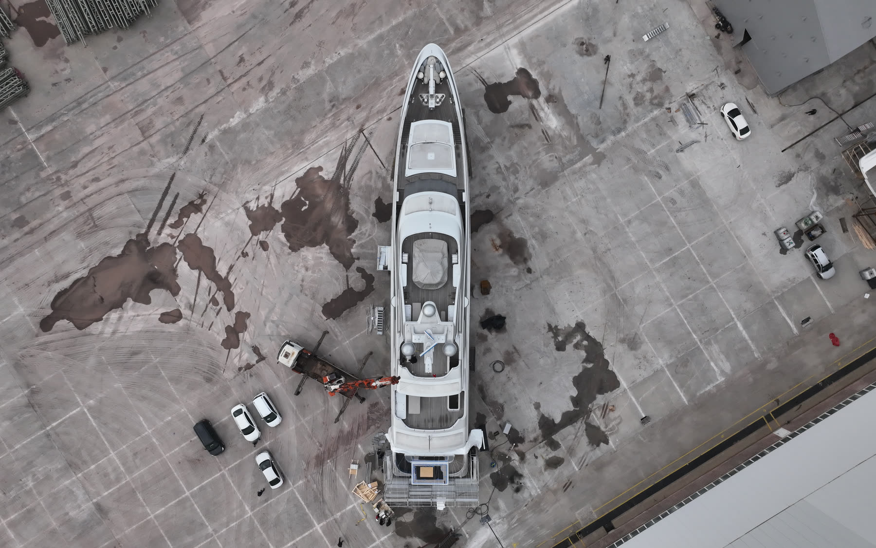 Yacht seen from above on the yard apron