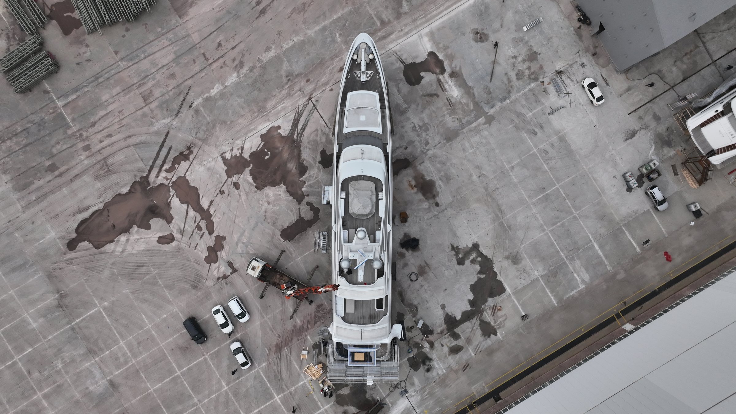 Motor yacht seen from directly above during a yard period in Tuzla